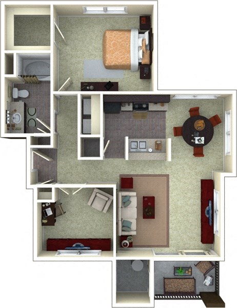 Floor plan for 1 bed, 1 bath, 975 sqft